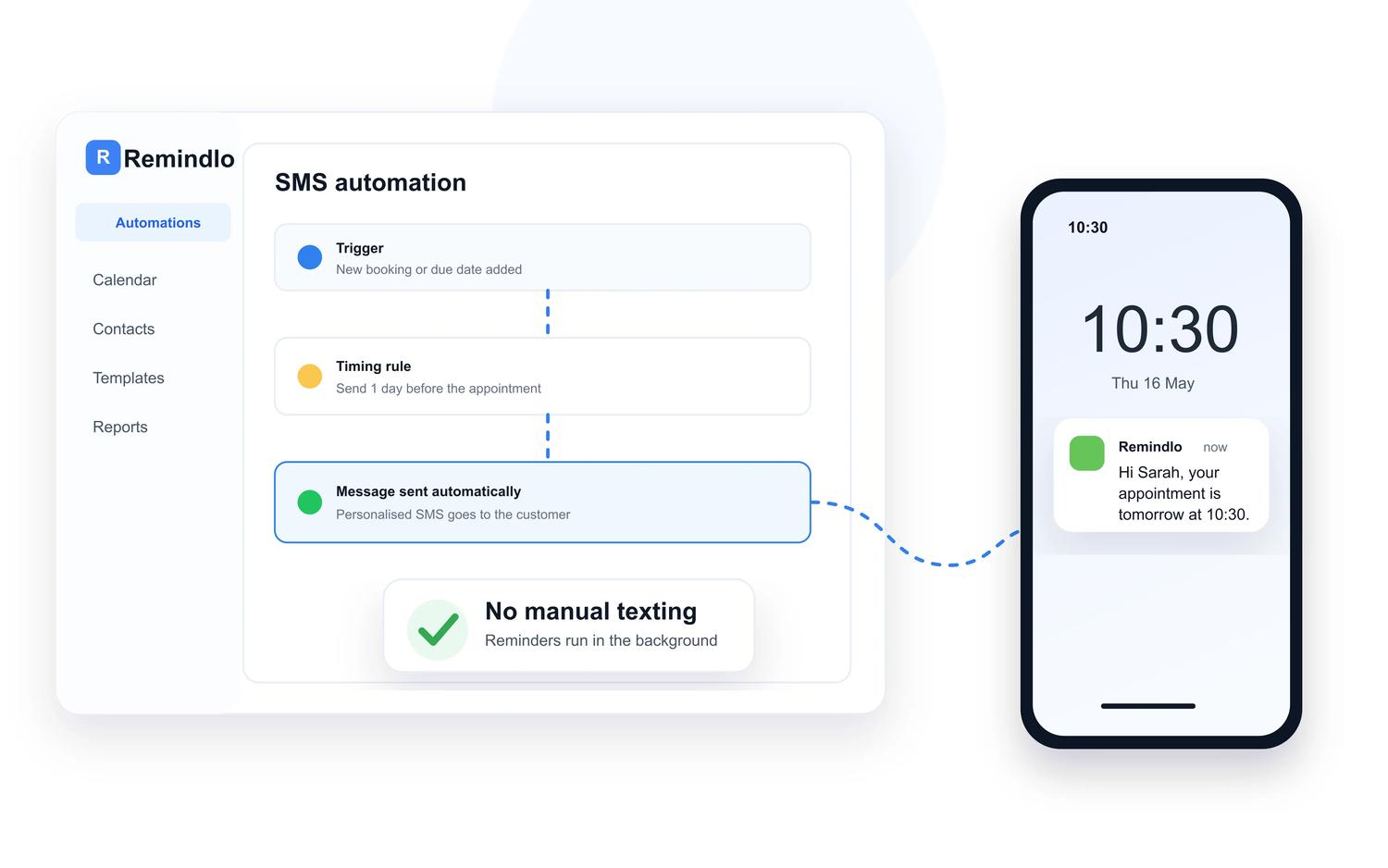 Remindlo sending an automatic SMS appointment reminder to a customer's phone