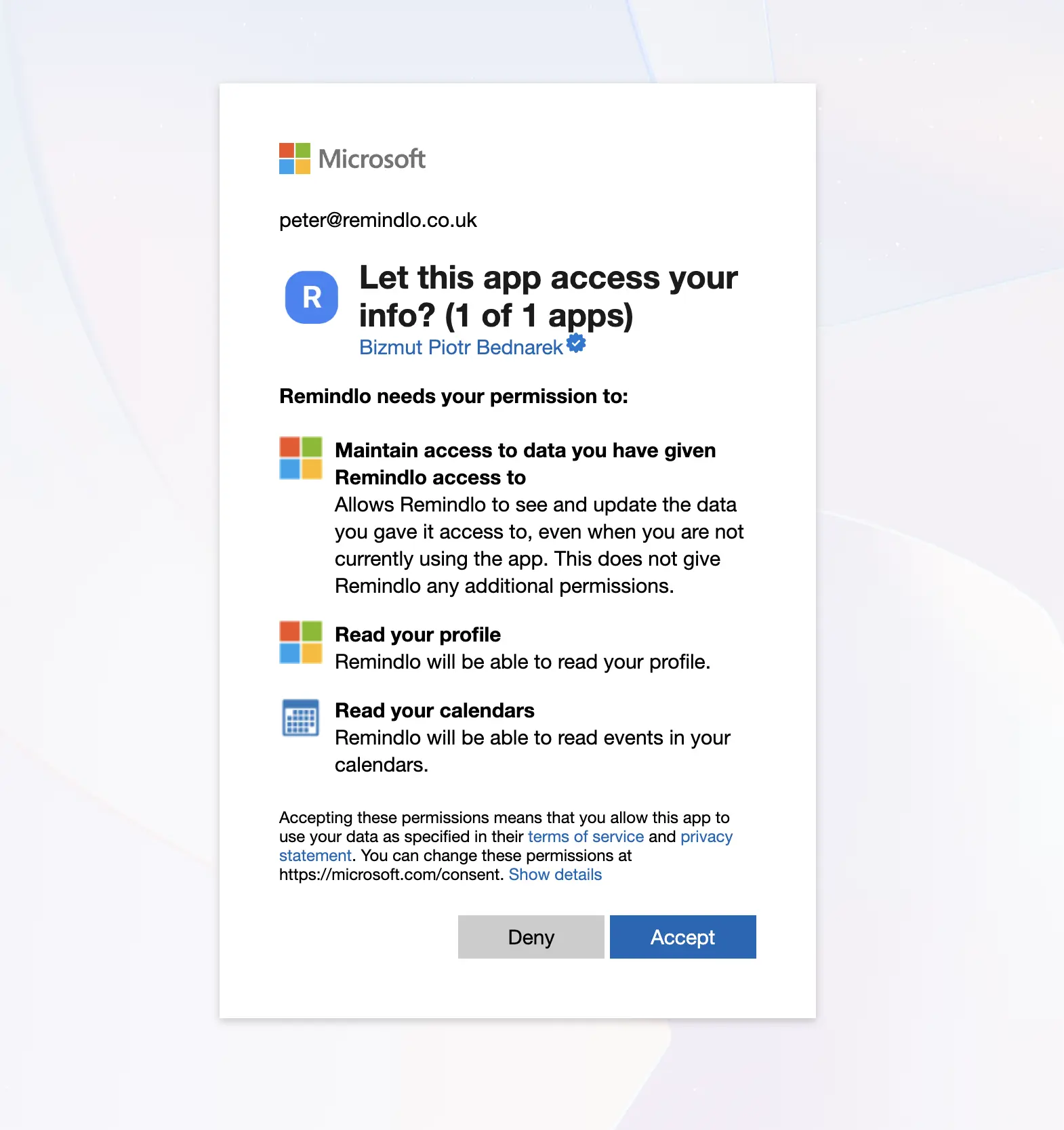 Microsoft authorisation screen requesting permission to connect Outlook Calendar to Remindlo