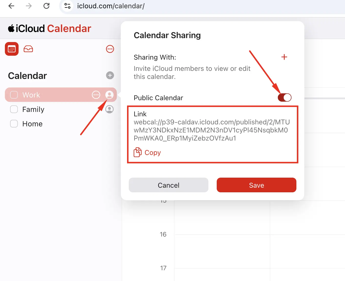 Public Calendar switched on in iCloud Calendar sharing settings, showing the webcal link to copy