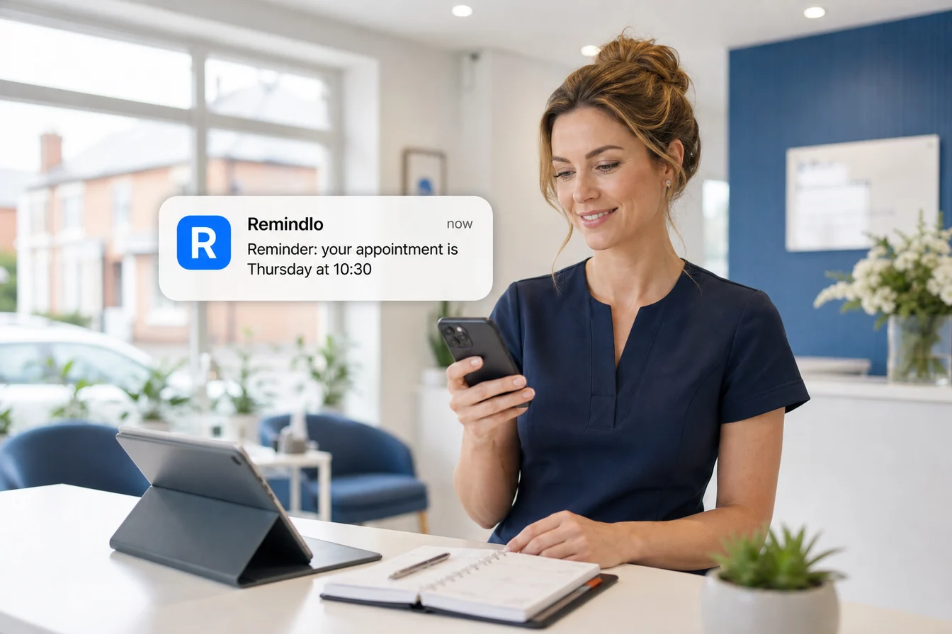 Business owner receiving a Remindlo SMS appointment reminder that helps reduce no-shows